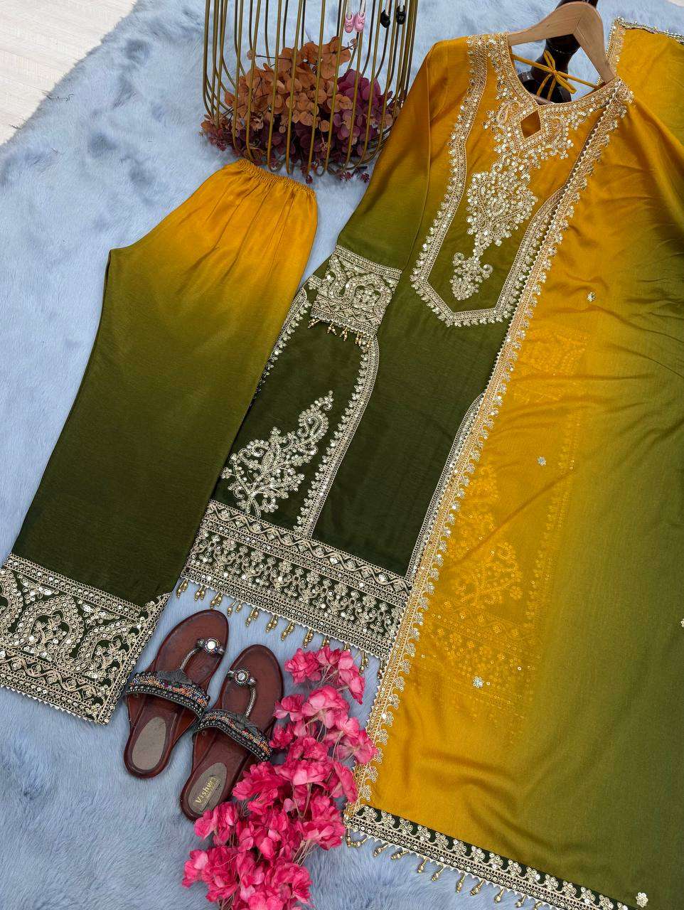 Women's Chinon Silk Embroidery Straight Pakistani Salwar Suit and Dupatta - Image 9